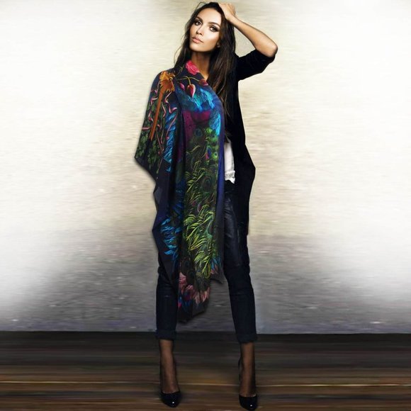 Peacock Feathers, Pink Rose & Wings Long Pure Silk Scarf - Picture 5 of 17